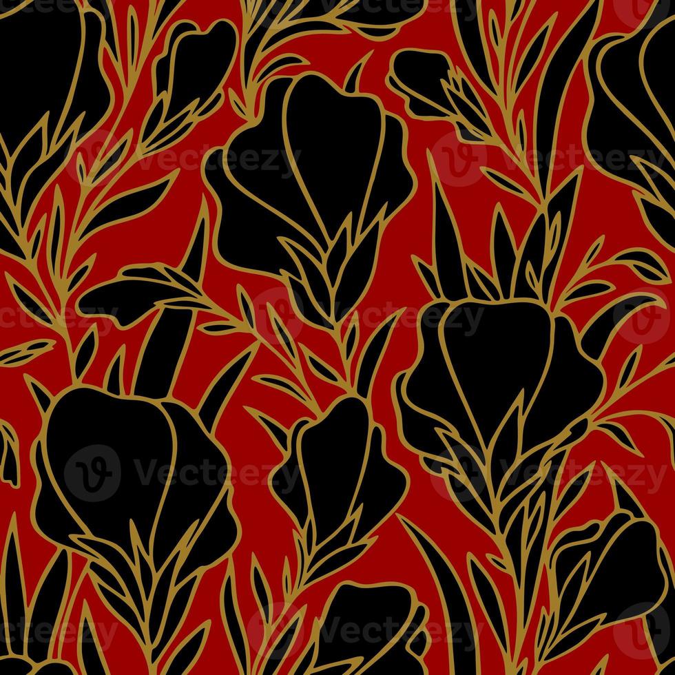 seamless pattern of large black flowers with a golden outline on a red background, texture, design photo