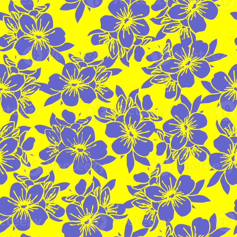 seamless pattern of blue silhouettes of flowers on a yellow background, texture, design photo