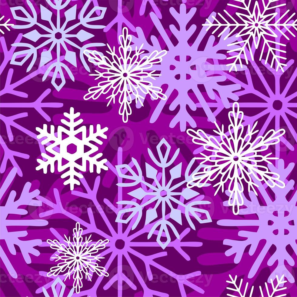 seamless asymmetric pattern of multi-colored snowflakes on a purple background, texture, design photo