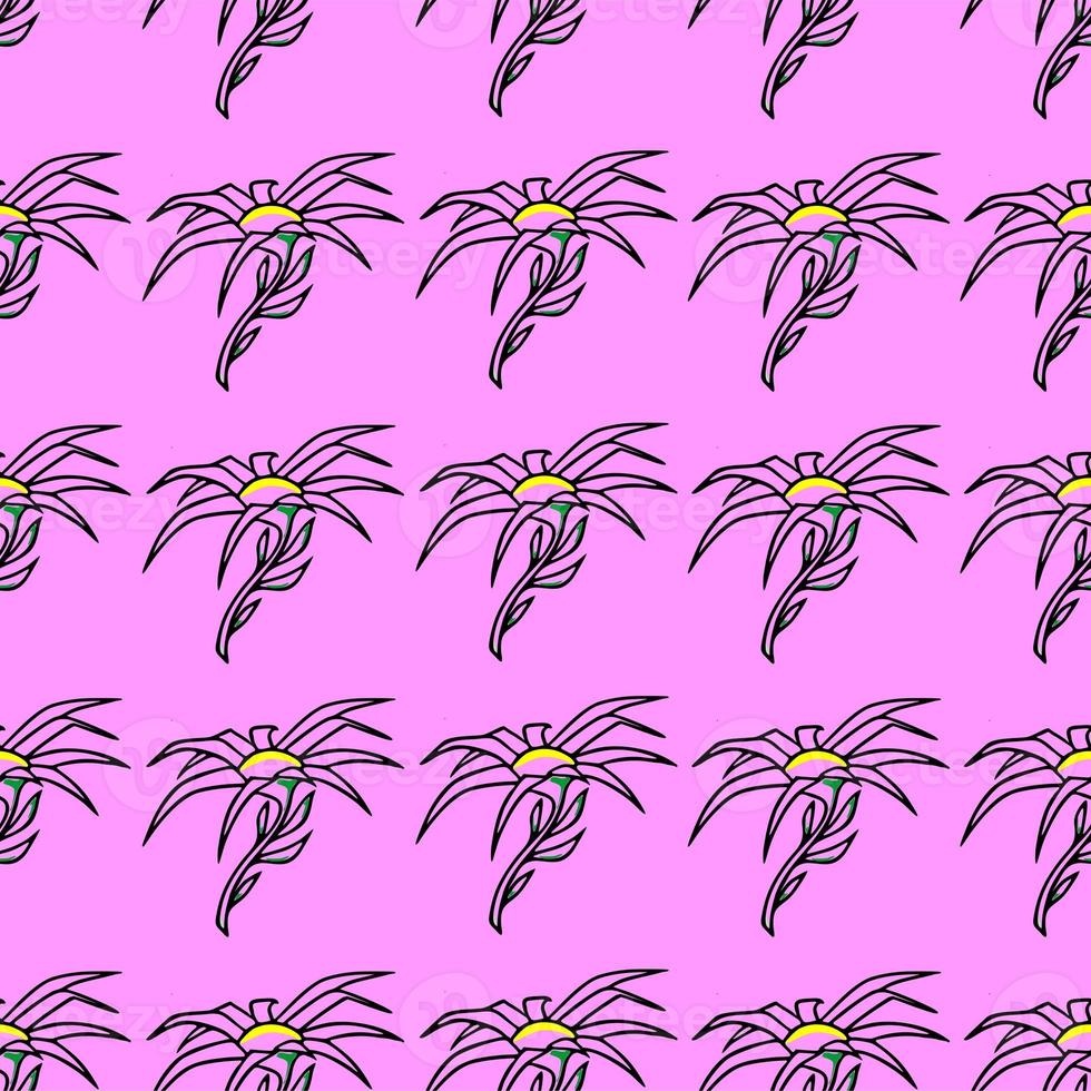 seamless floral pattern of black contour flowers on a pink background, texture, repeat pattern, design photo