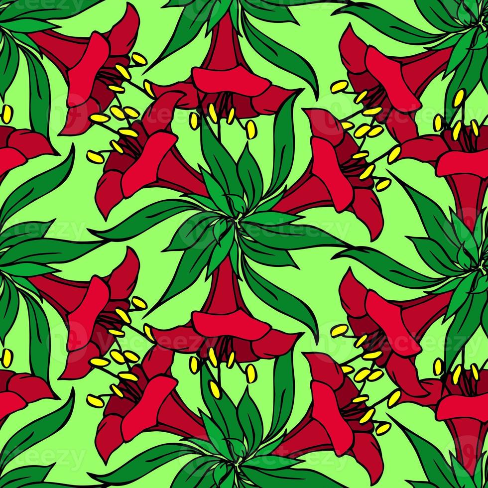 seamless symmetrical graphic pattern of red flowers on a green background, texter, design photo