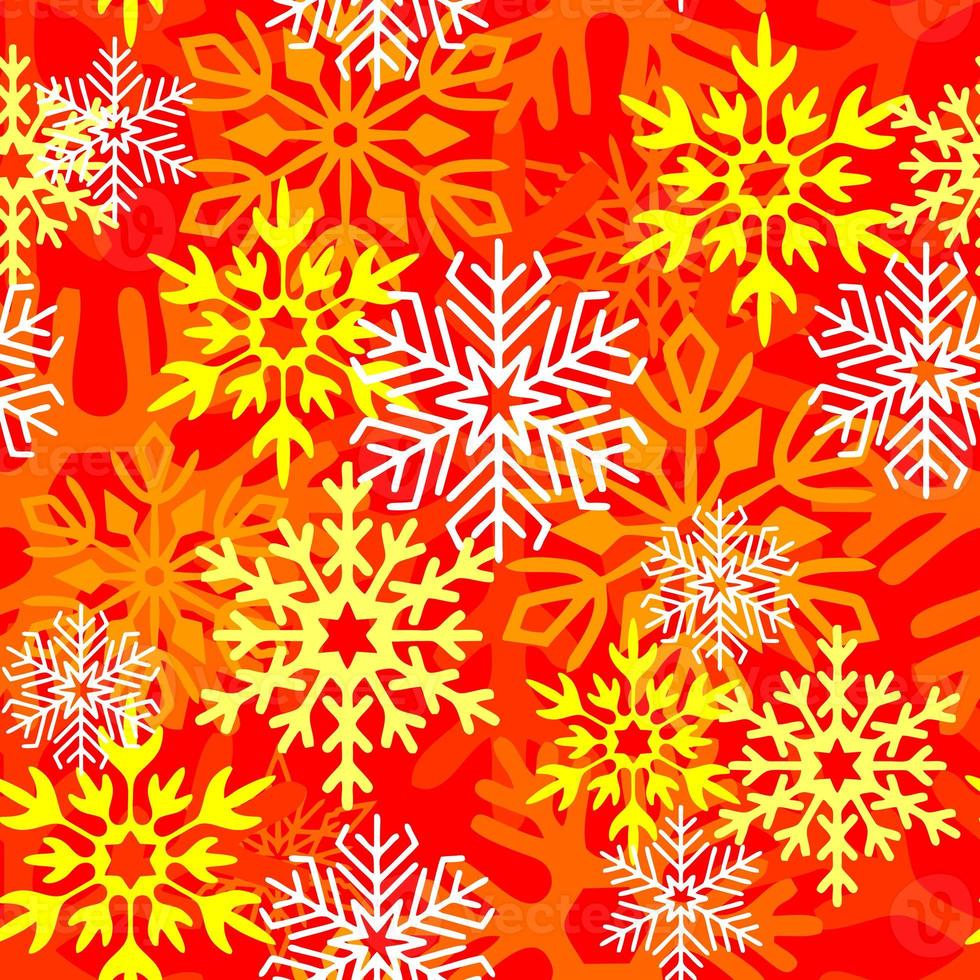 seamless asymmetric pattern of multicolored snowflakes on a red background, texture, design photo