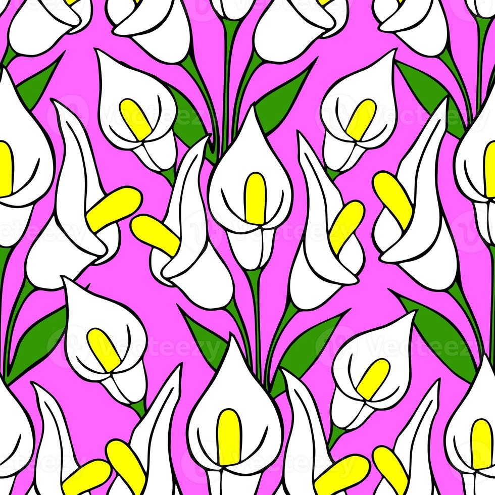 symmetrical seamless pattern of white flowers on a pink background, texture, design photo