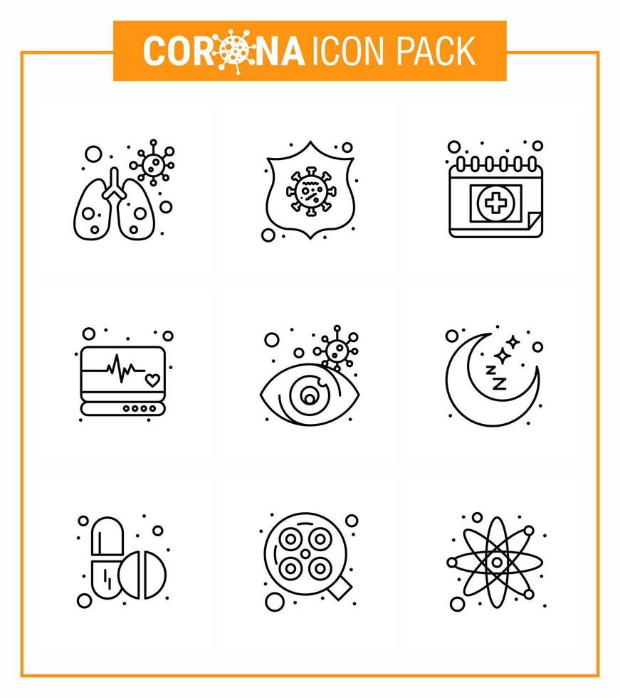covid19 protección coronavirus pendamic conjunto de iconos de 9 líneas, como ver calendario ocular monitor médico coronavirus viral médico 2019nov elementos de diseño de vectores de enfermedades
