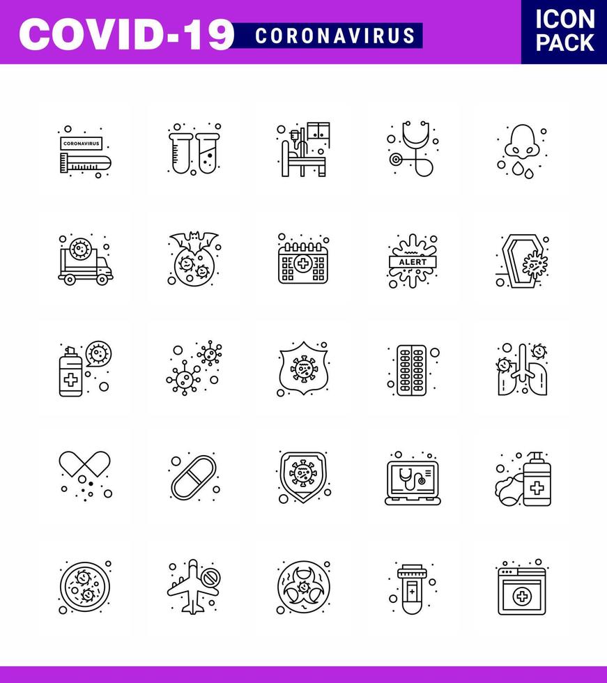 CORONAVIRUS 25 line Icon set on the theme of Corona epidemic contains icons such as drops allergy bed stethoscope diagnosis viral coronavirus 2019nov disease Vector Design Elements