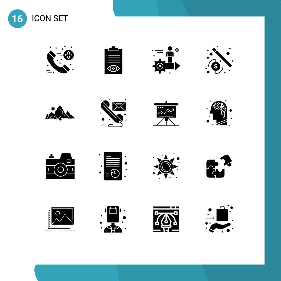 Group of 16 Solid Glyphs Signs and Symbols for landscape wizard setting seo man Editable Vector Design Elements