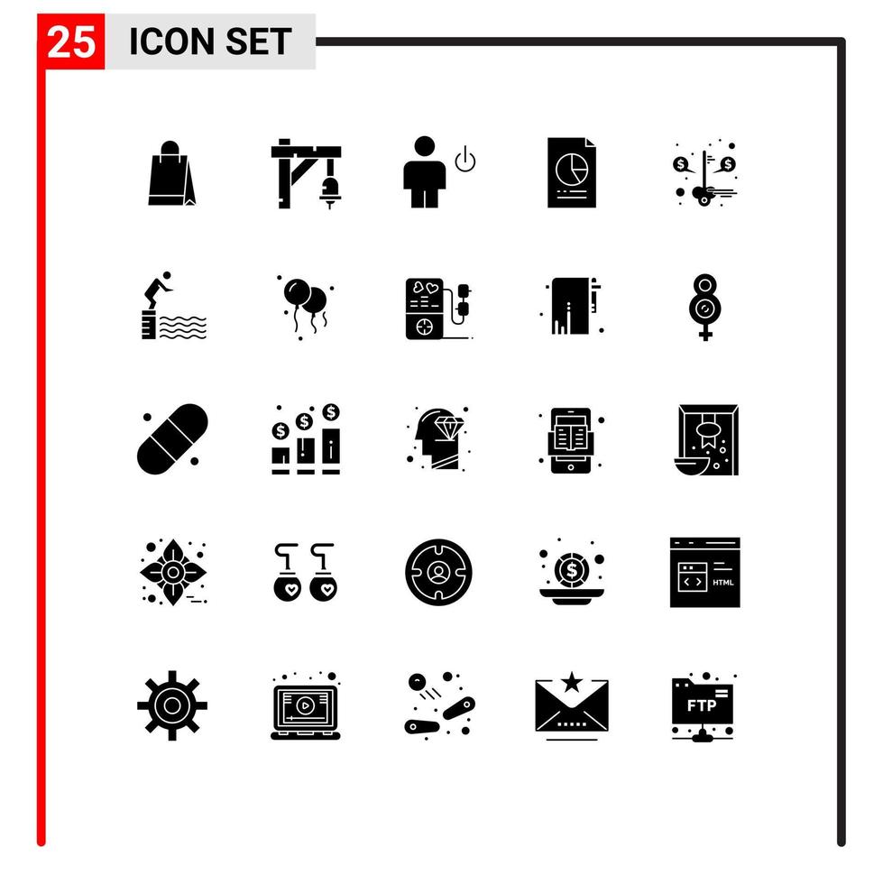 Mobile Interface Solid Glyph Set of 25 Pictograms of graph economy avatar document standby Editable Vector Design Elements