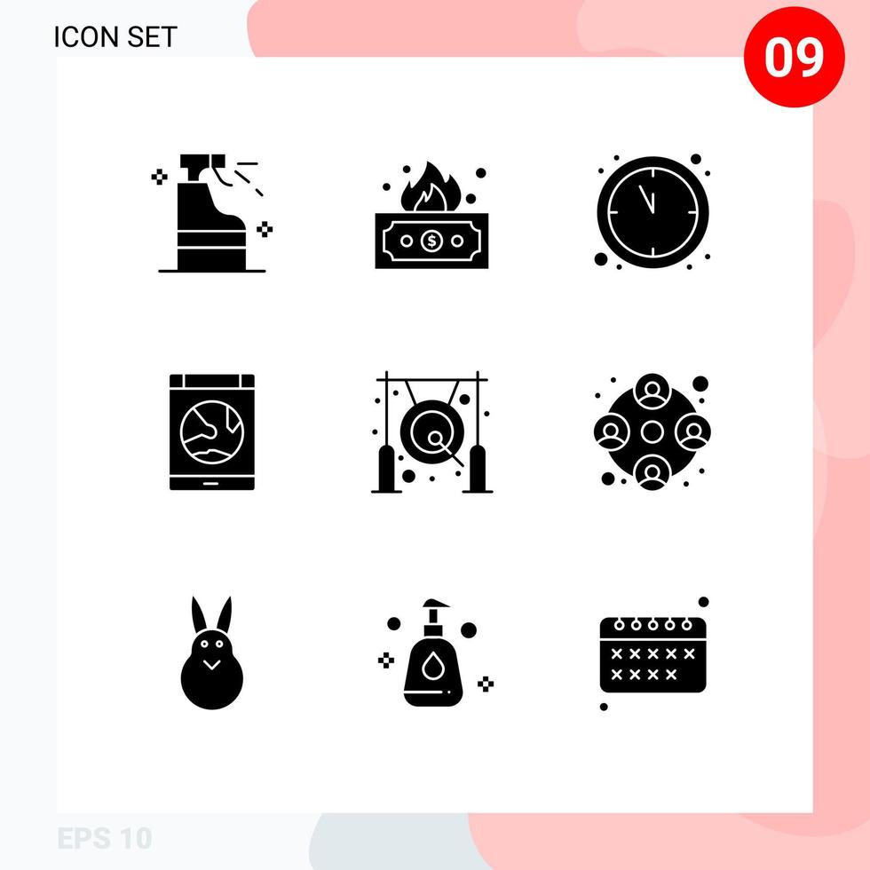 Group of 9 Solid Glyphs Signs and Symbols for bell smartphone clock online connection Editable Vector Design Elements