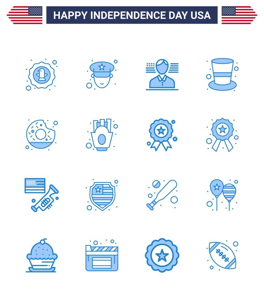 Happy Independence Day 16 Blues Icon Pack for Web and Print yummy donut man magic hat cap Editable USA Day Vector Design Elements