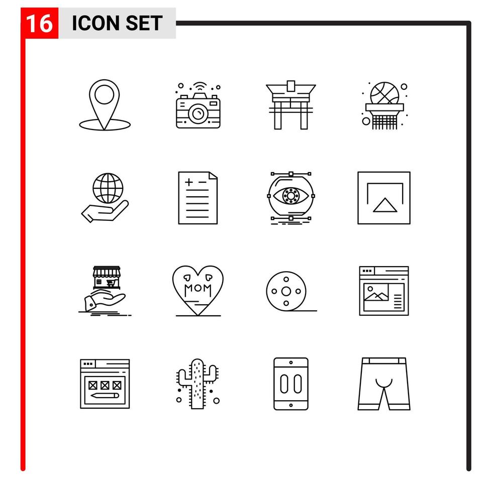 16 contornos vectoriales temáticos y símbolos editables de comparación de elementos de diseño vectorial editables de Internet China Globe Basket Net vector