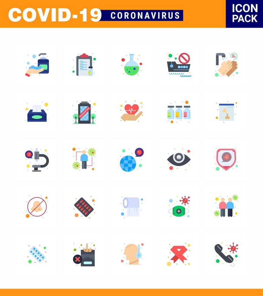 25 Flat Color Coronavirus Covid19 Icon pack such as hands ship paper cruise research viral coronavirus 2019nov disease Vector Design Elements