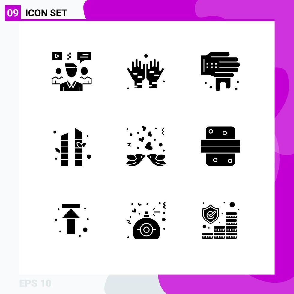 9 Universal Solid Glyph Signs Symbols of love couple hand birds tree Editable Vector Design Elements