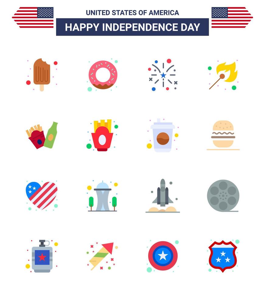 USA Independence Day Flat Set of 16 USA Pictograms of american bottle fire outdoor fire Editable USA Day Vector Design Elements
