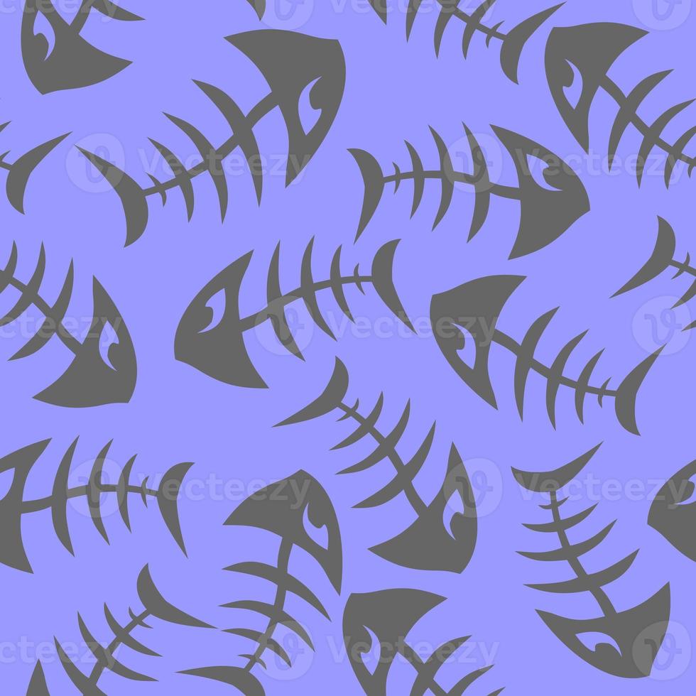 bright seamless pattern of gray graphic fish skeletons on a blue background, texture, design photo