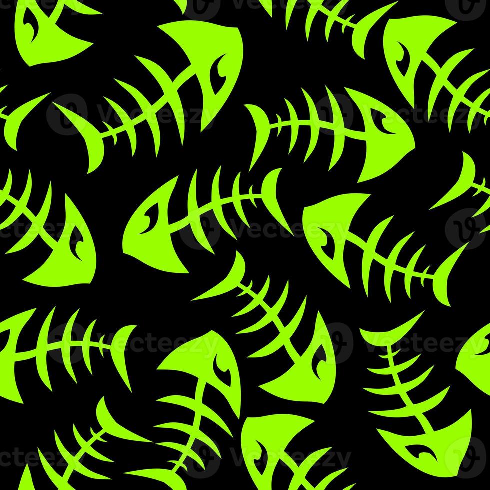 bright seamless pattern of green graphic fish skeletons on a black background, texture, design photo