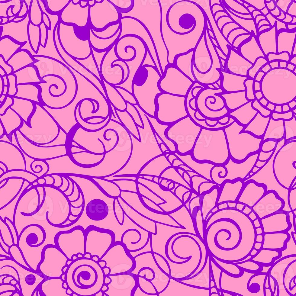 seamless pattern of magenta contours of flowers on a pink background, texture, design photo