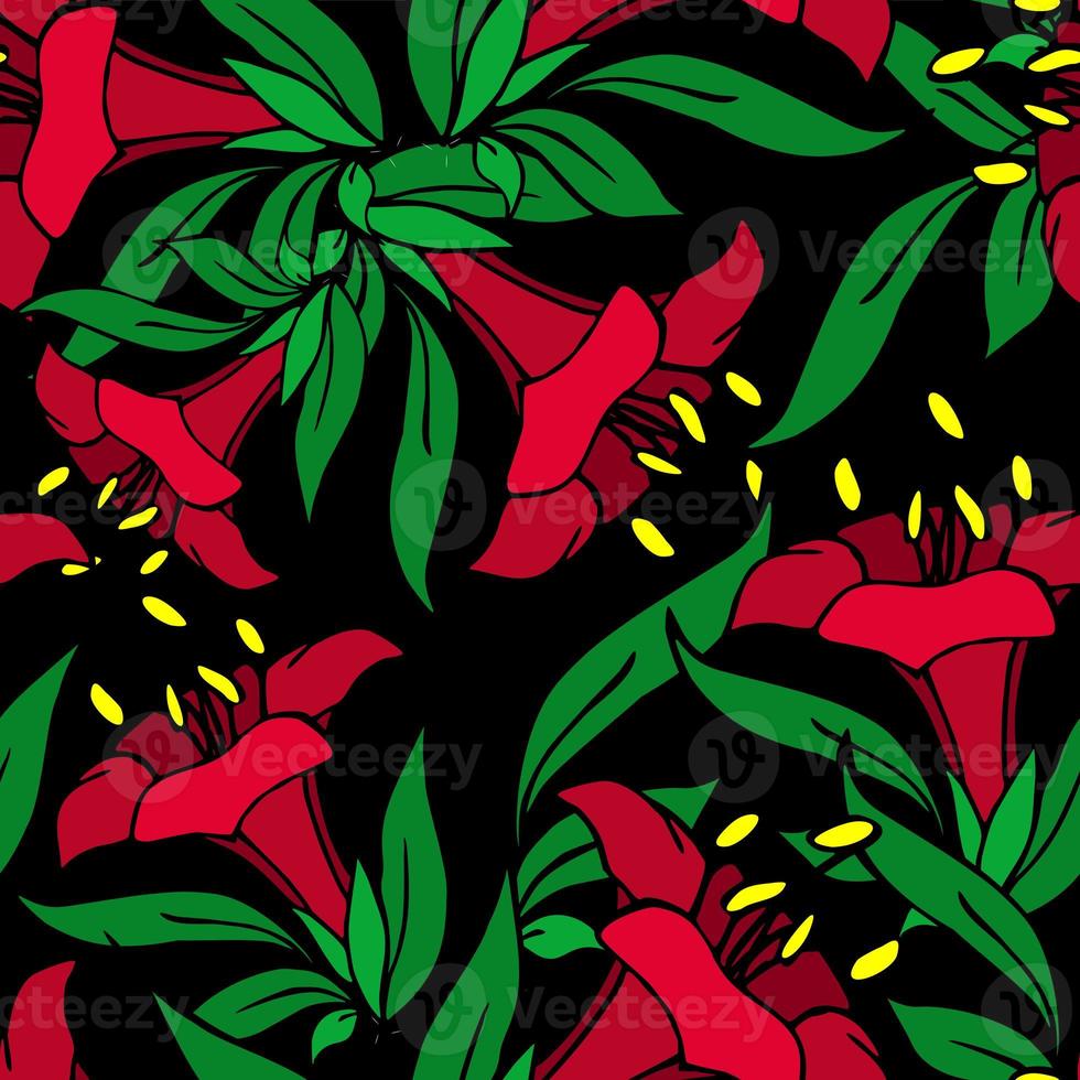 seamless pattern of red large exotic flowers with a black outline on a black background, texture, design photo