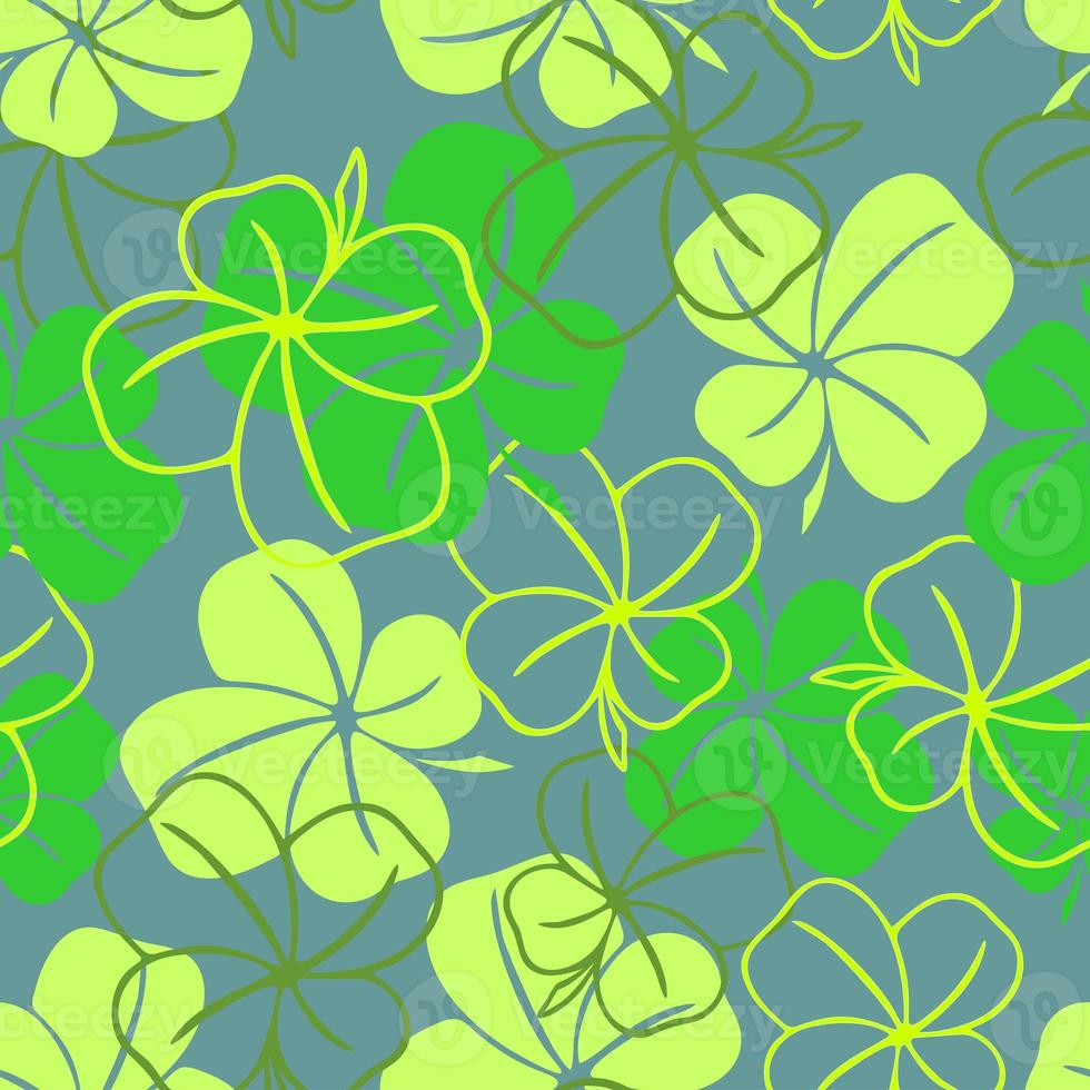 seamless pattern of green contours and silhouettes of a four-leaf clover on a blue background, texture design photo