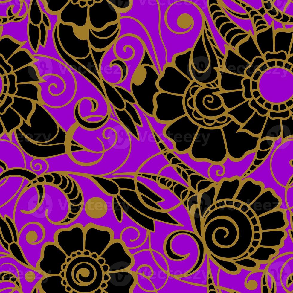 seamless pattern of large black flowers with a golden outline on a purple background, texture, design photo
