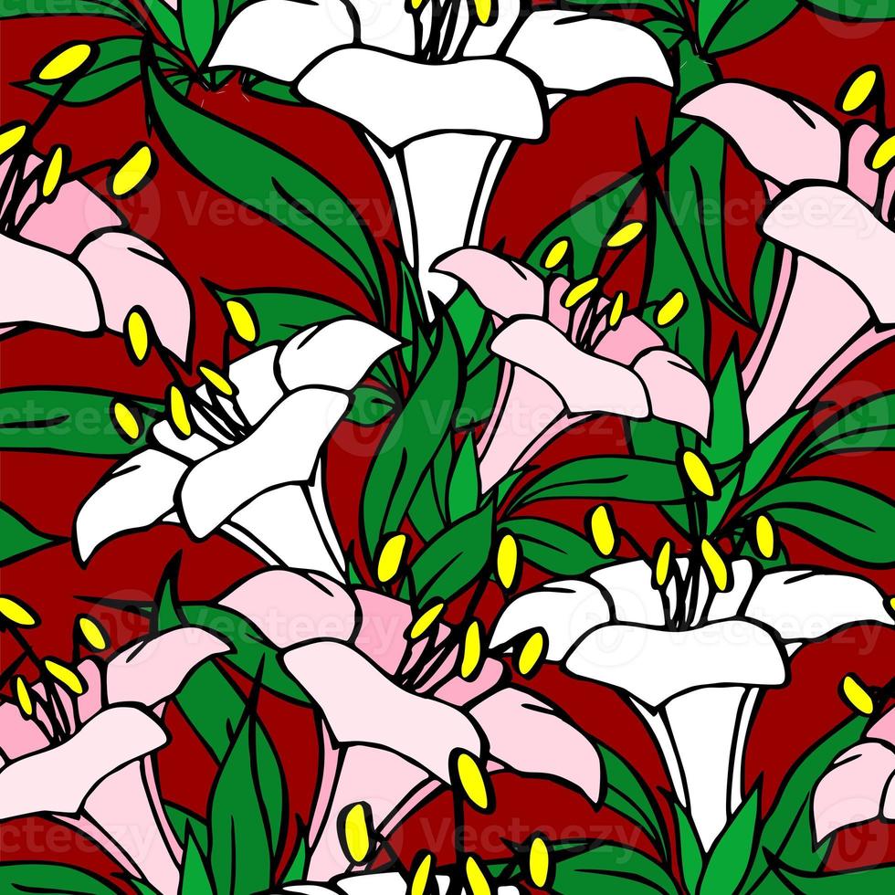 patrón gráfico simétrico sin fisuras de flores blancas y rosas sobre un fondo rojo, texter, diseño foto
