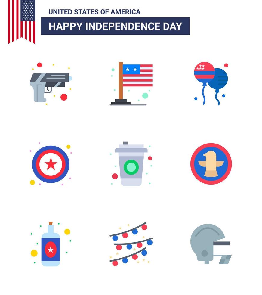 paquete de 9 letreros planos de celebración del día de la independencia de EE. UU. Y símbolos del 4 de julio, como botella de bebida, signo de bloon, policía, elementos de diseño vectorial editables del día de EE. UU. vector