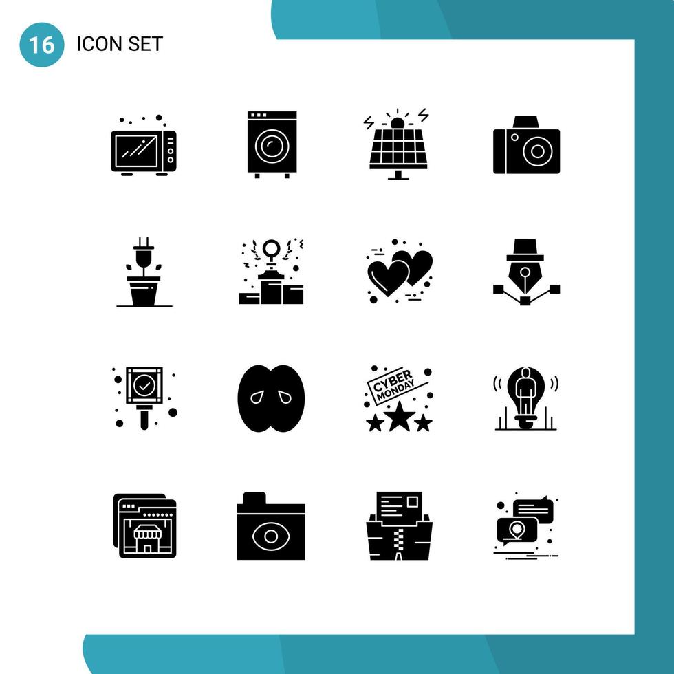 Mobile Interface Solid Glyph Set of 16 Pictograms of technology plug energy studio camera Editable Vector Design Elements