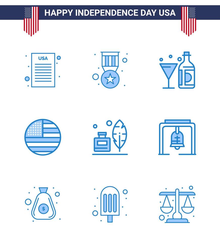 Blue Pack of 9 USA Independence Day Symbols of feather usa wine thanksgiving american Editable USA Day Vector Design Elements