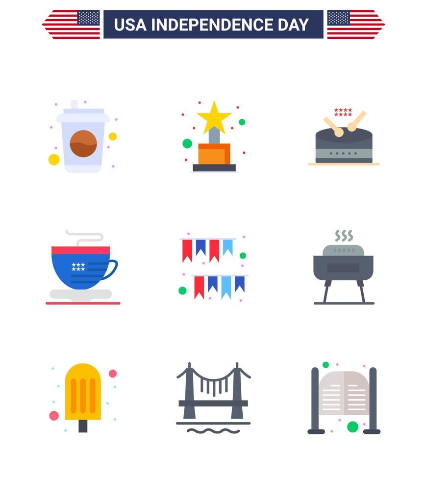 feliz día de la independencia 4 de julio conjunto de 9 pisos pictografía americana de decoración instrumento de guirnalda copa del día americano elementos de diseño vectorial del día de estados unidos editables vector