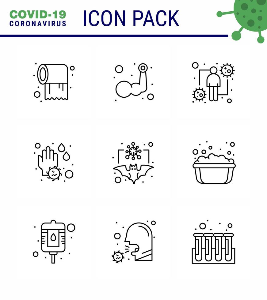 Covid19 Protection CoronaVirus Pendamic 9 Line icon set such as water drop soap body building hand intect viral coronavirus 2019nov disease Vector Design Elements