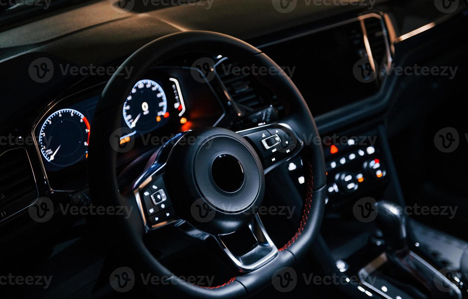Close up view of front panel of modern brand new automobile photo