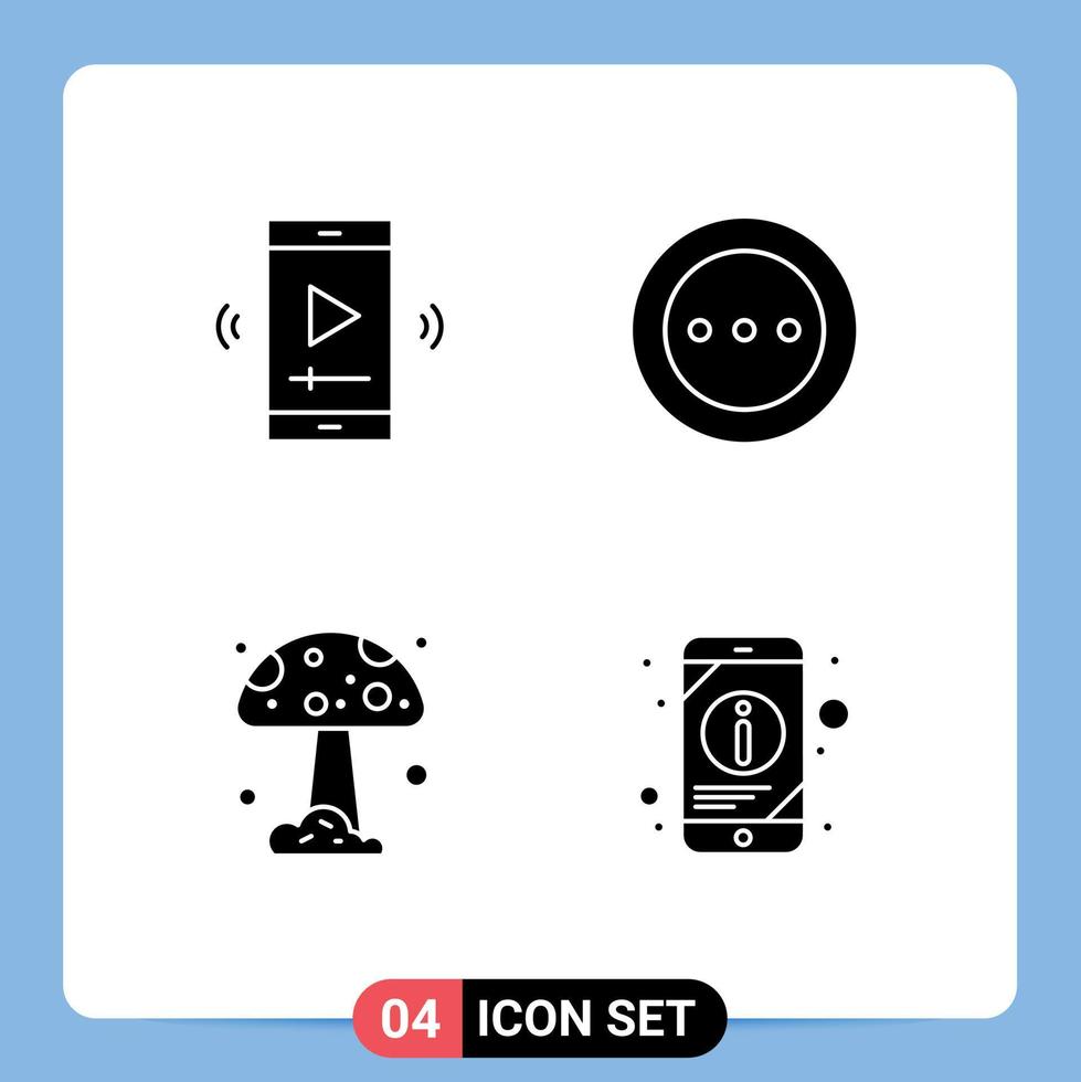 Group of 4 Modern Solid Glyphs Set for film radio video player layout mushroom Editable Vector Design Elements