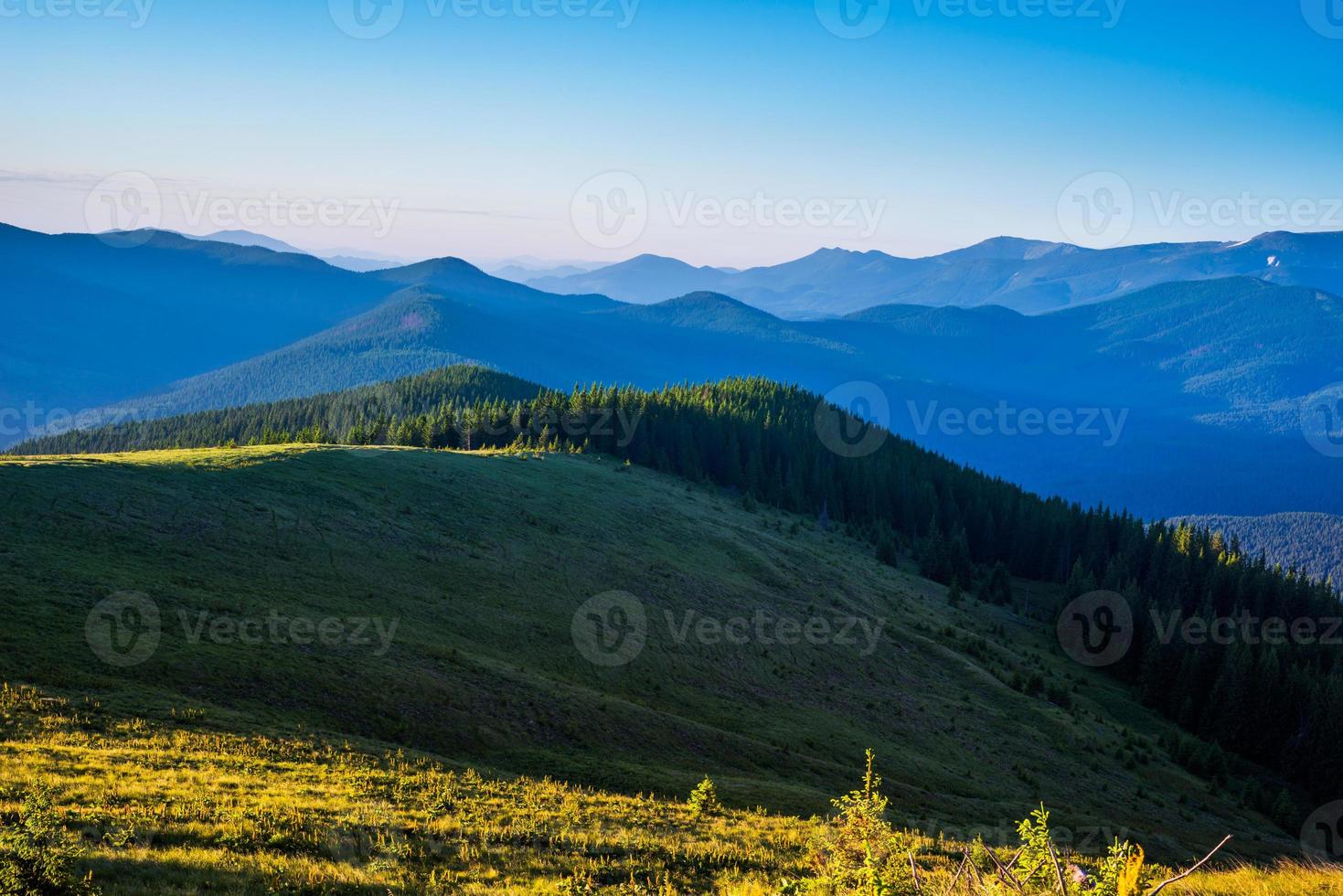 Blue sky and green hills photo