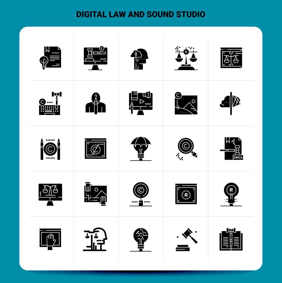 Solid 25 Digital Law And Sound Studio Icon set Vector Glyph Style Design Black Icons Set Web and Mobile Business ideas design Vector Illustration