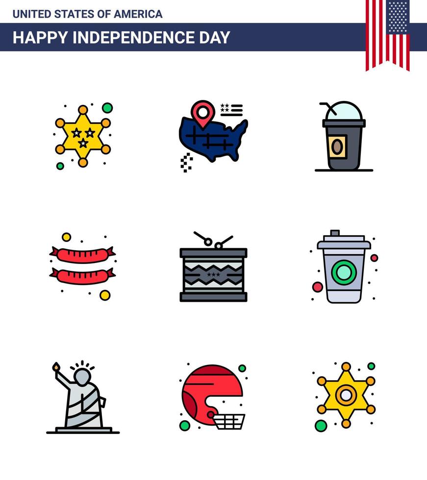 Big Pack of 9 USA Happy Independence Day USA Vector Flat Filled Lines and Editable Symbols of parade instrument american drum frankfurter Editable USA Day Vector Design Elements