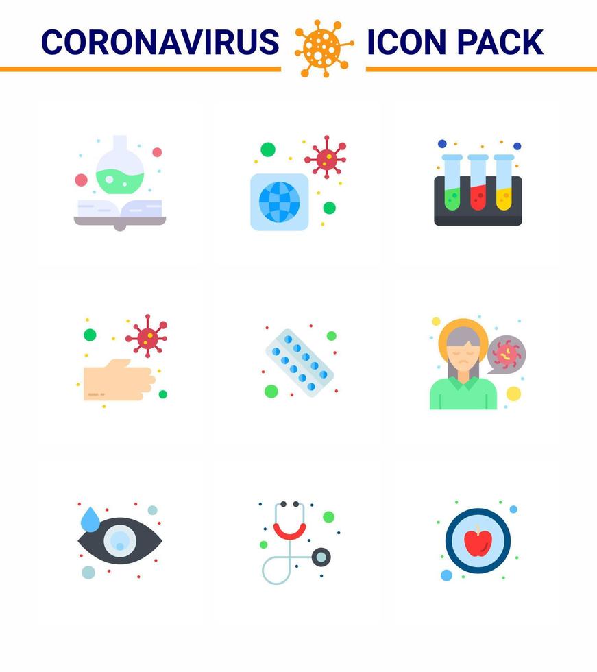 Coronavirus Prevention Set Icons 9 Flat Color icon such as health fitness test drugs hands viral coronavirus 2019nov disease Vector Design Elements
