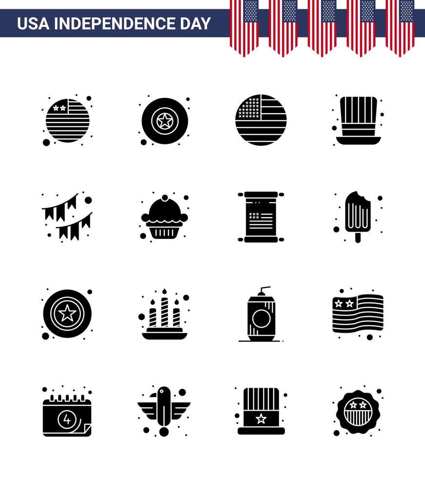 paquete de 16 signos de glifos sólidos de celebración del día de la independencia de EE. UU. Y símbolos del 4 de julio, como empavesados de fiesta, acción de gracias, presidentes estadounidenses, elementos de diseño vectorial editables del día de EE. UU. vector