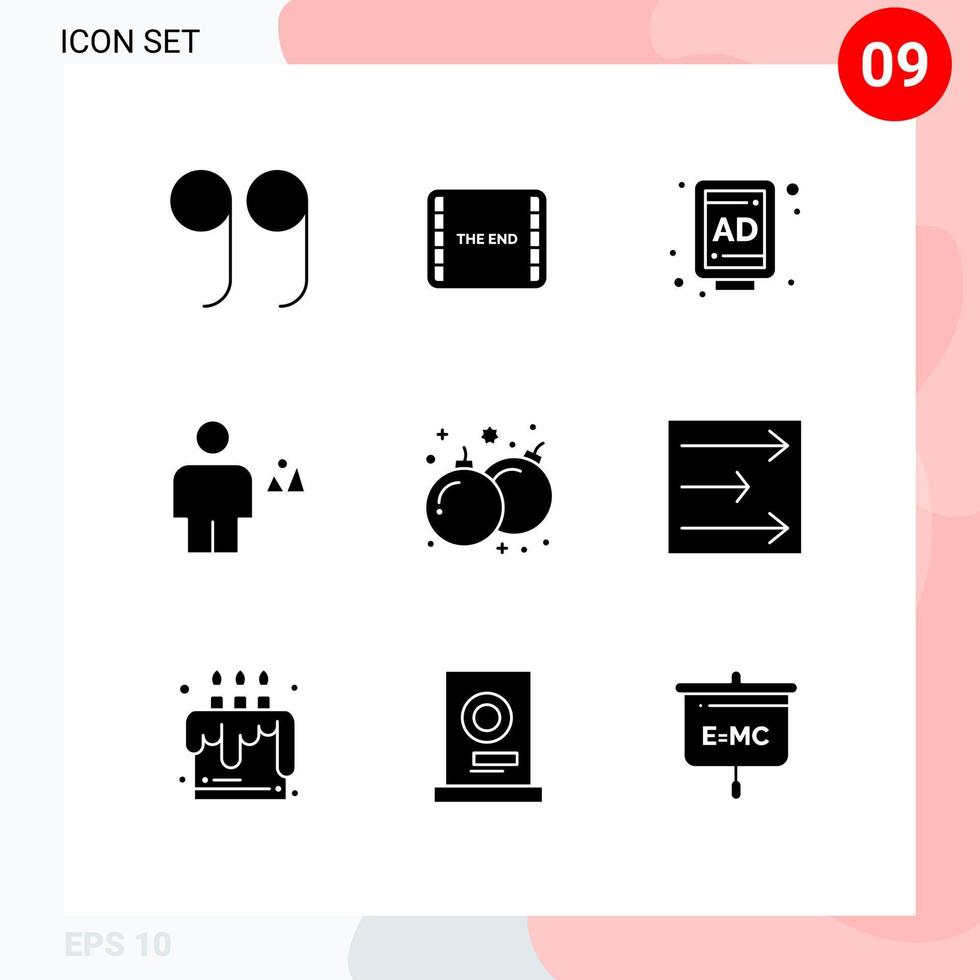 Pictogram Set of 9 Simple Solid Glyphs of play fun street bomb human Editable Vector Design Elements