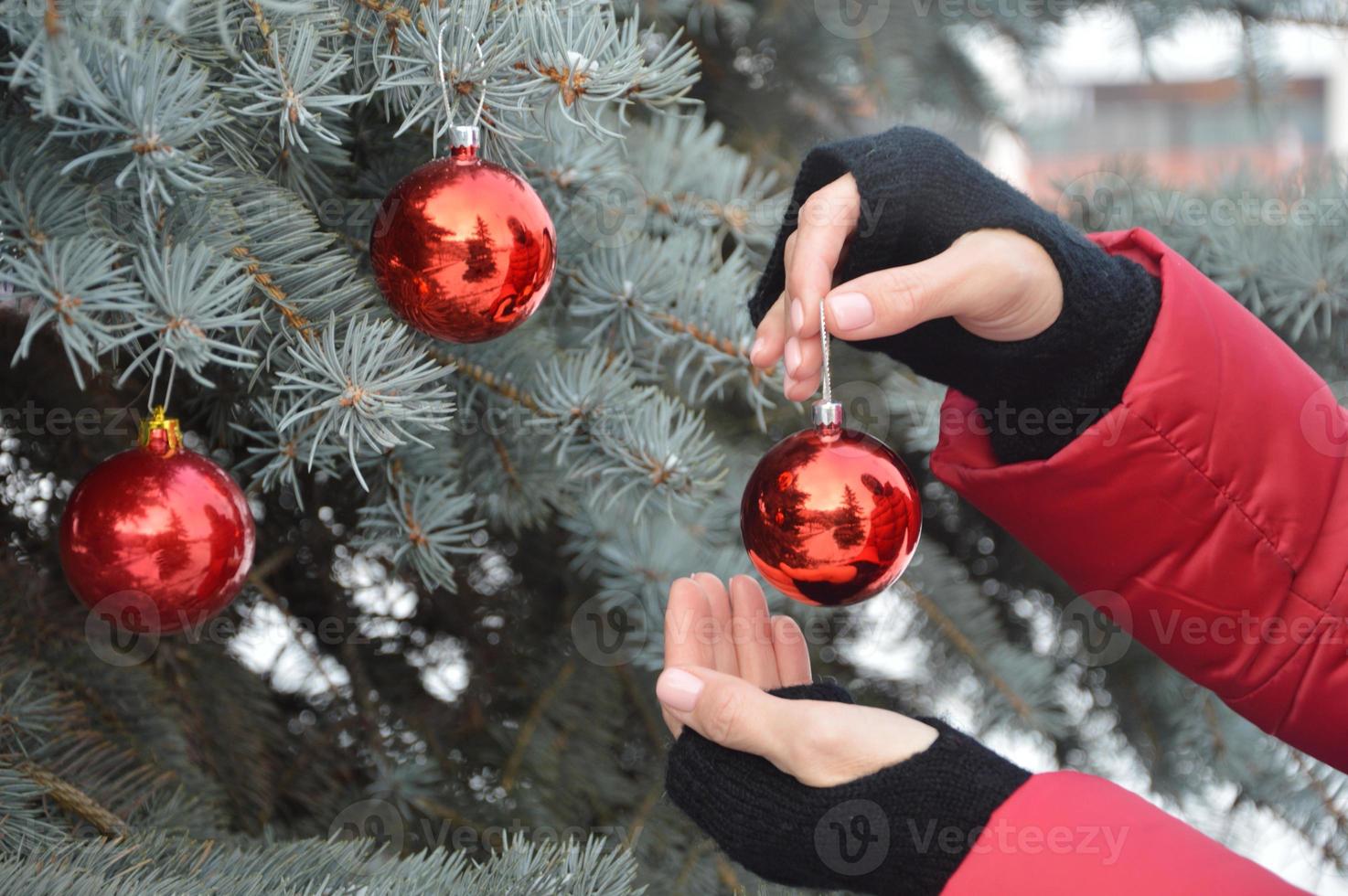 The girl holds a red ball in her hand and hangs it on the Christmas tree. Christmas decorations. Holiday. photo