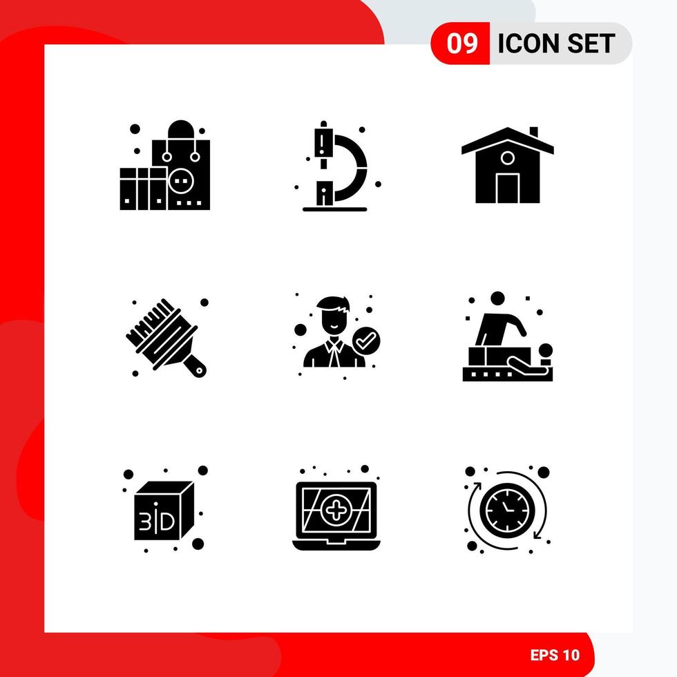 Pack of 9 Modern Solid Glyphs Signs and Symbols for Web Print Media such as employee brush microscope paint art Editable Vector Design Elements