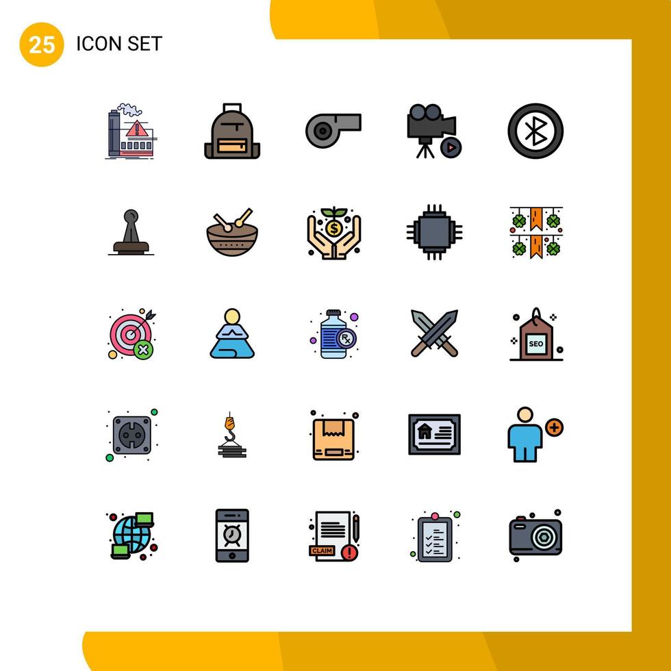 Pack of 25 Modern Filled line Flat Colors Signs and Symbols for Web Print Media such as bluetooth movie hike media camera Editable Vector Design Elements