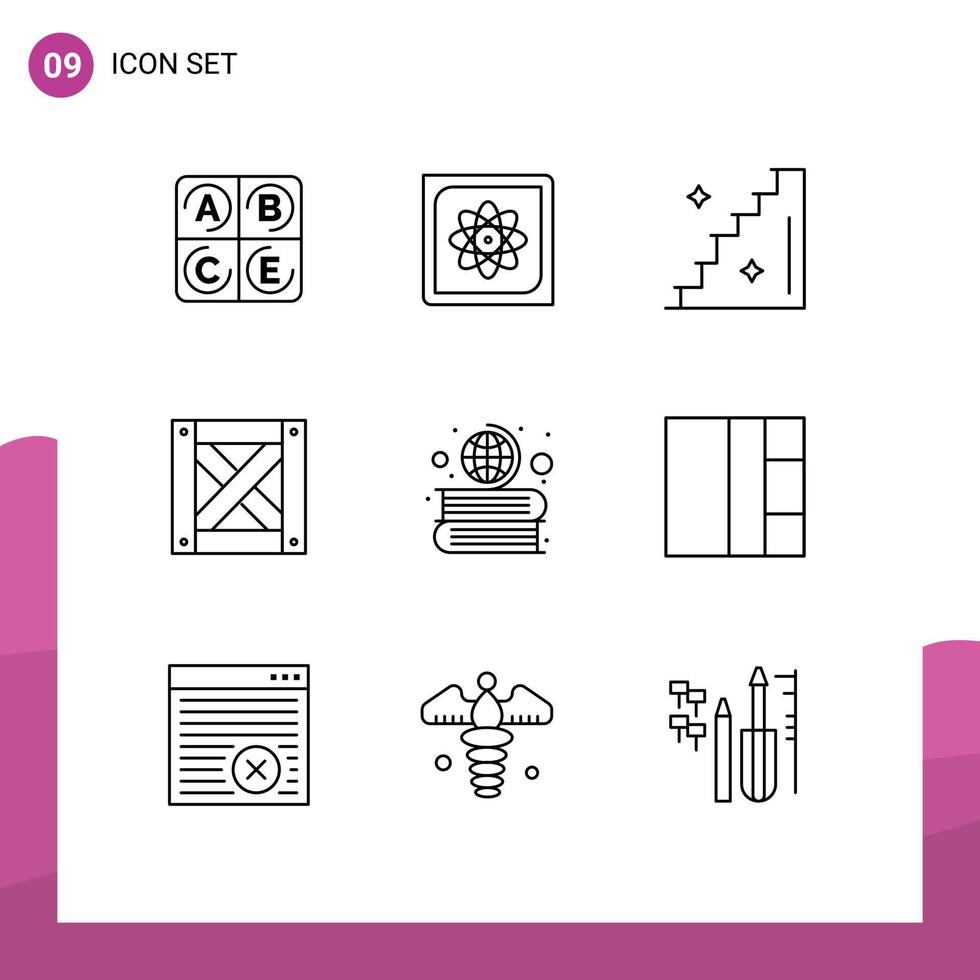 9 User Interface Outline Pack of modern Signs and Symbols of globe education floor books packaging Editable Vector Design Elements