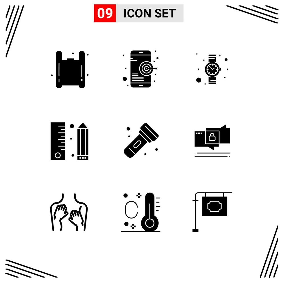 Group of 9 Modern Solid Glyphs Set for flashlight programing hand watch pencil design Editable Vector Design Elements