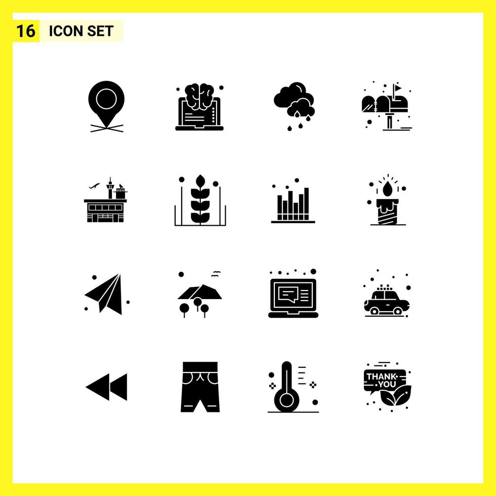 Editable Vector Line Pack of 16 Simple Solid Glyphs of shipping airport cloud post letter Editable Vector Design Elements
