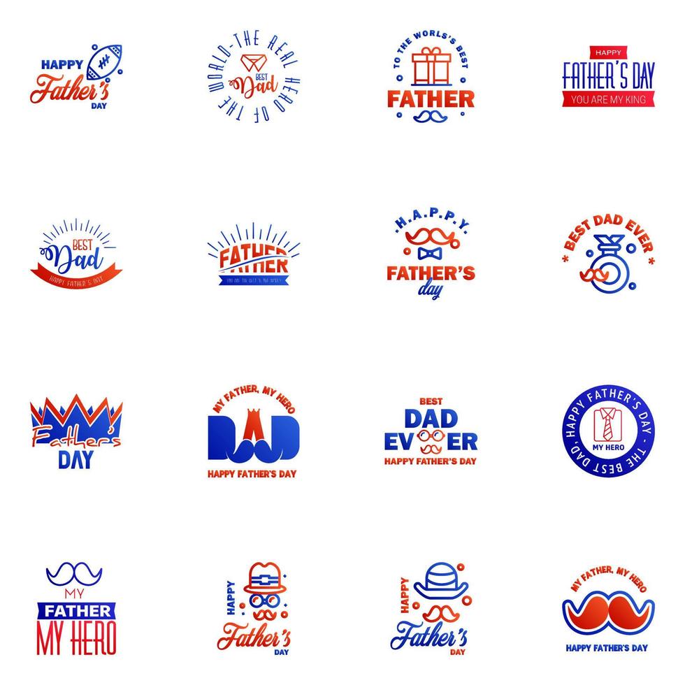 Fathers Day Lettering 16 Blue and red Calligraphic Emblems Badges Set Isolated on Dark Blue Happy Fathers Day Best Dad Love You Dad Inscription Vector Design Elements For Greeting Card and Other