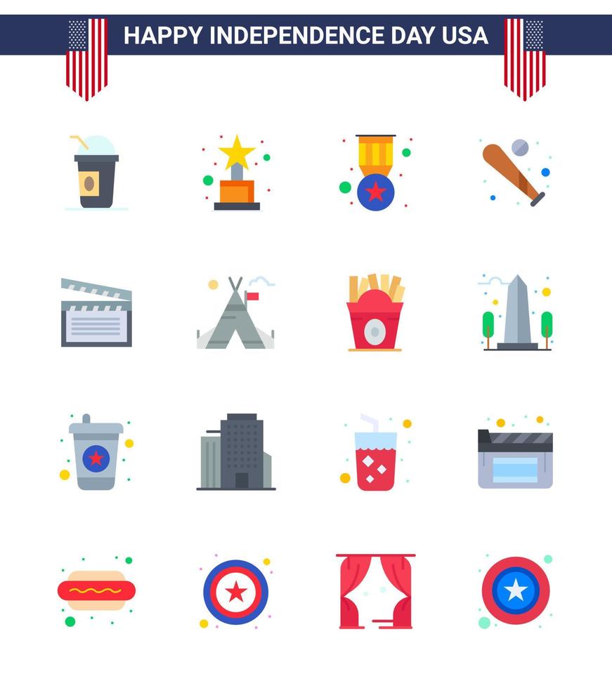 Modern Set of 16 Flats and symbols on USA Independence Day such as movis usa badge sports baseball Editable USA Day Vector Design Elements