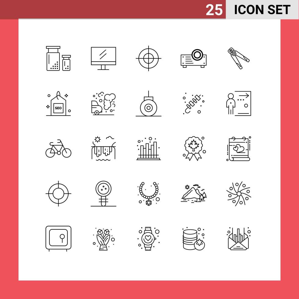 Modern Set of 25 Lines Pictograph of construction plier aim projector device Editable Vector Design Elements