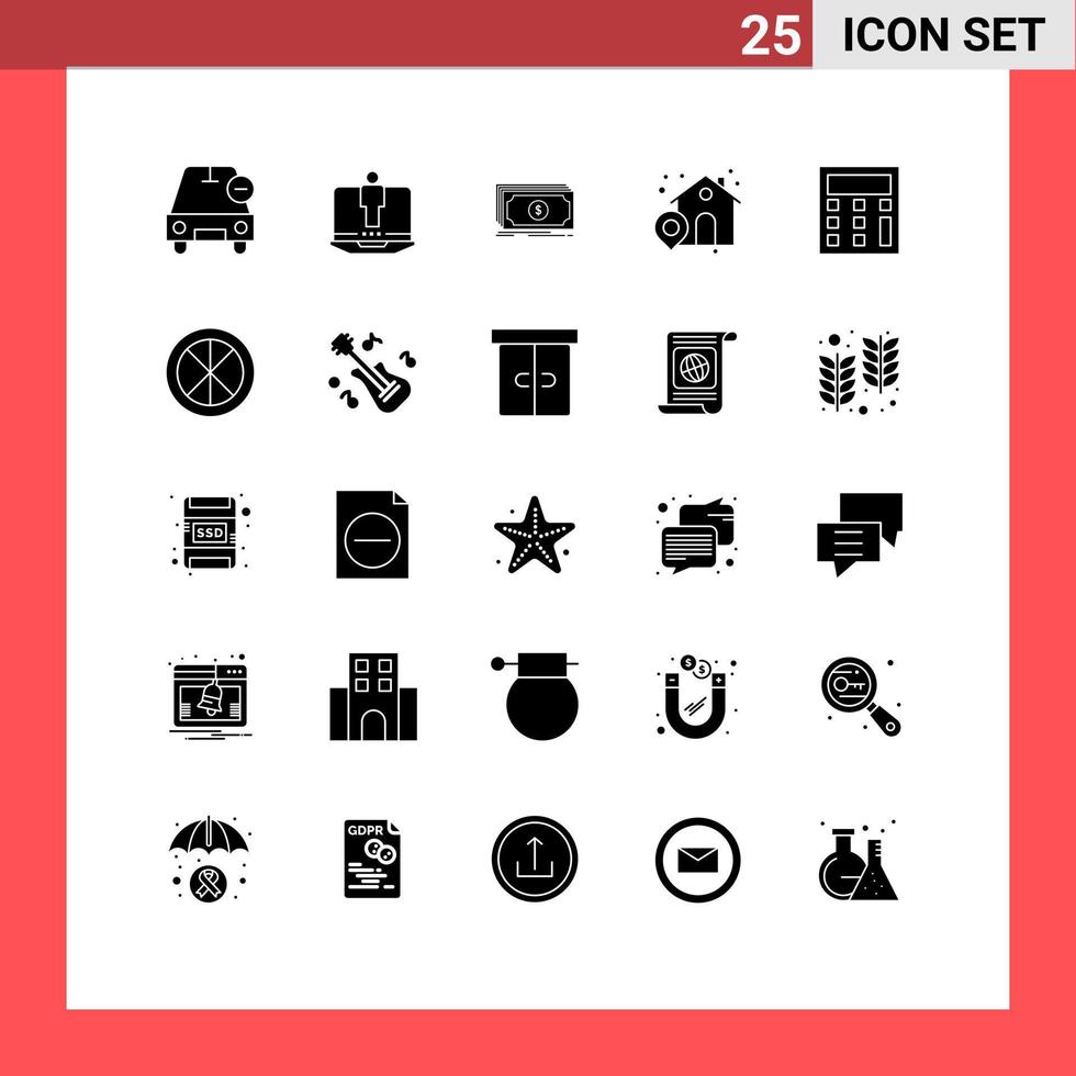 Group of 25 Solid Glyphs Signs and Symbols for calculator location service house dollar Editable Vector Design Elements