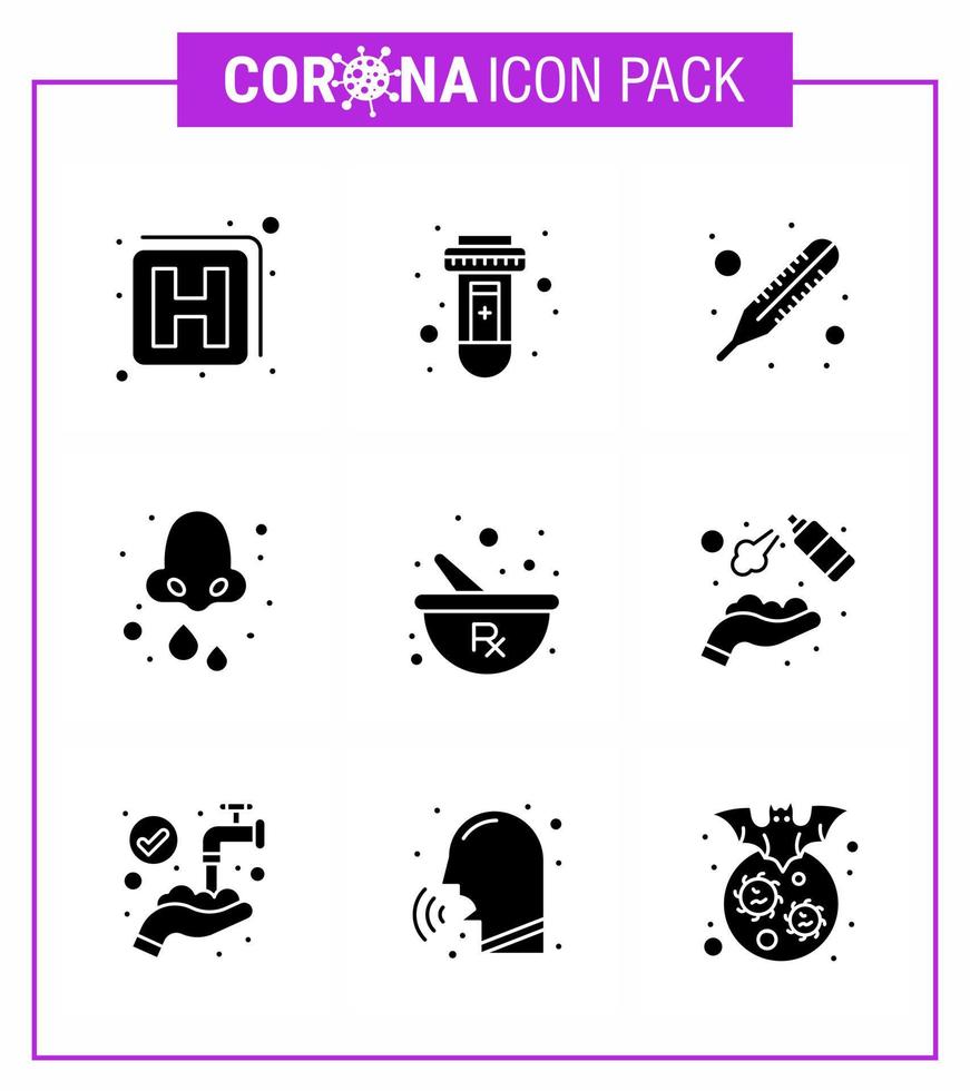 Coronavirus Prevention Set Icons 9 Solid Glyph Black icon such as mixing bowl temperature nose drops viral coronavirus 2019nov disease Vector Design Elements