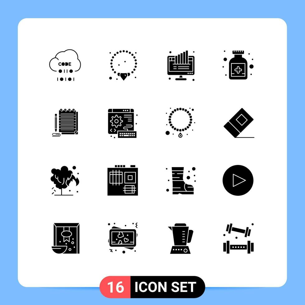 16 User Interface Solid Glyph Pack of modern Signs and Symbols of notebook medical graph bottle pie Editable Vector Design Elements