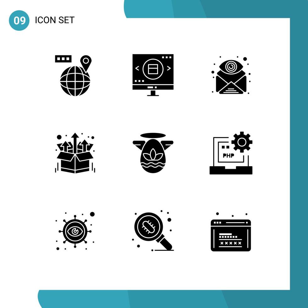 Group of 9 Modern Solid Glyphs Set for up package valentine bundle find Editable Vector Design Elements